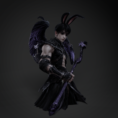 Dark Fantasy Warrior with Bunny Ears and Wings