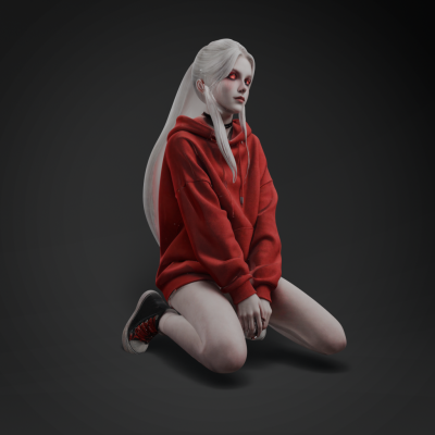 Kneeling Woman in Red Hoodie with Glowing Eyes