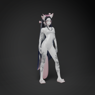 Fantasy Cat-Eared Character with Floral Tattoos